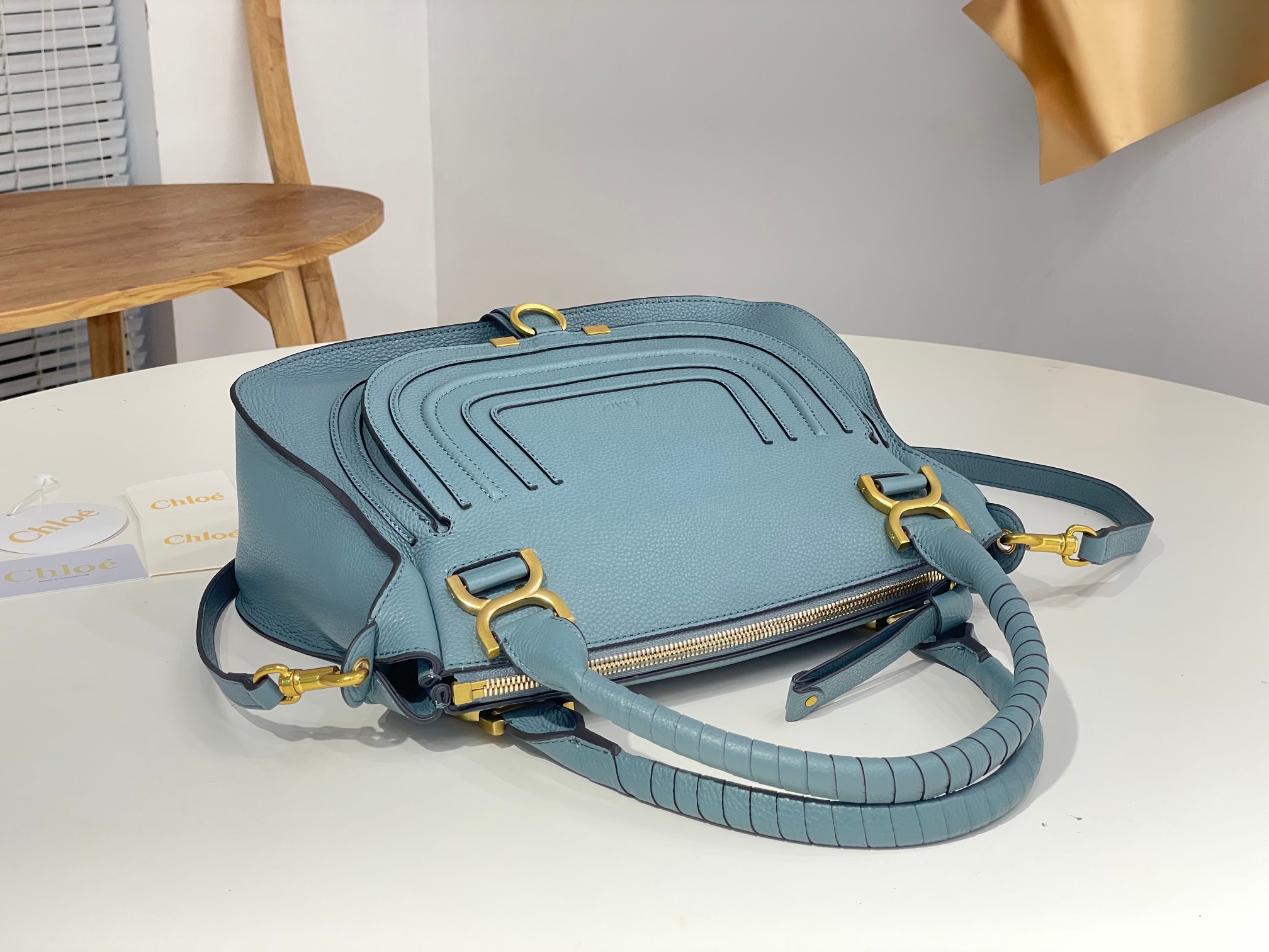 Chloe Large Marcie Bag In Light Blue Grained Leather